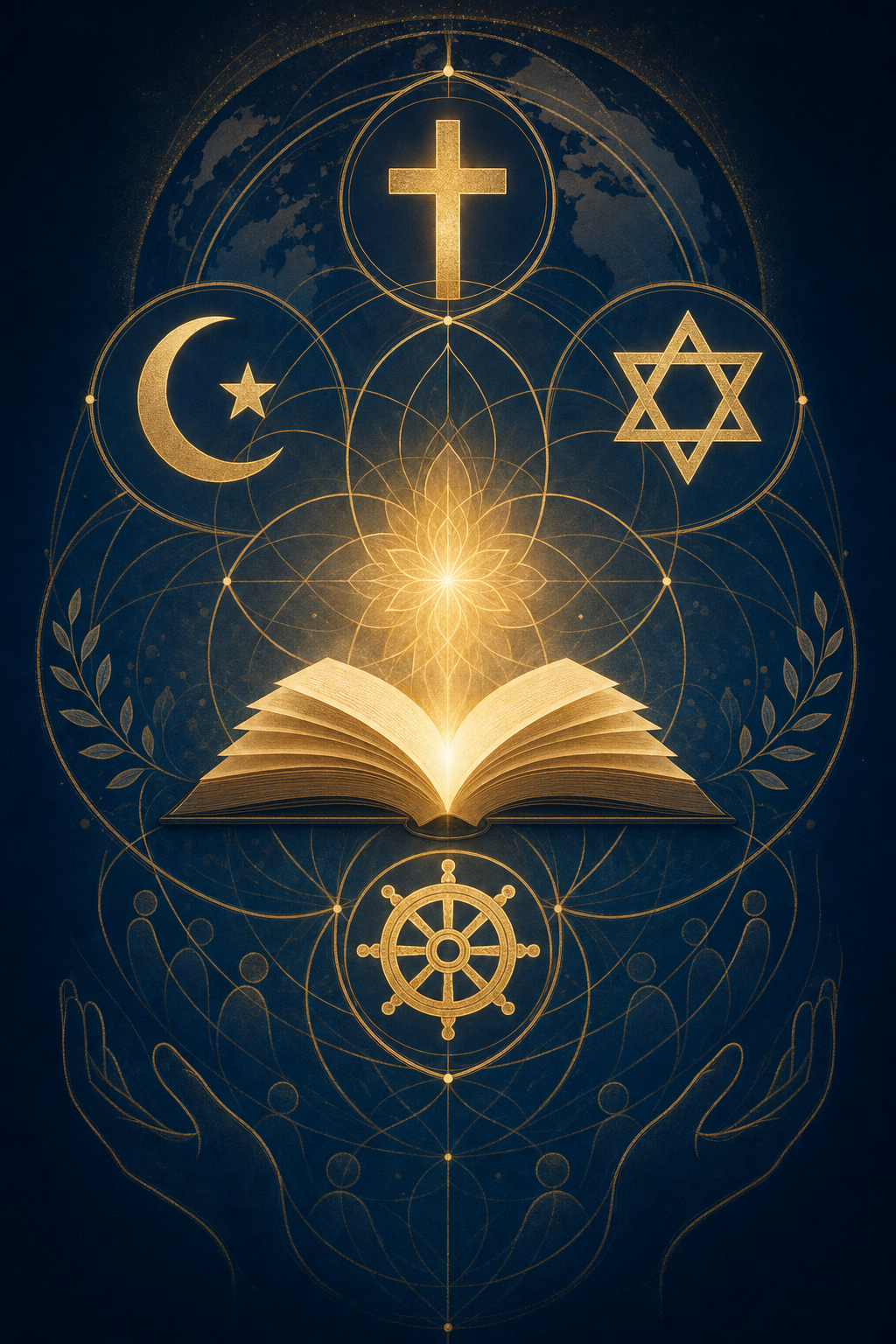 Illustration of interfaith unity and policy advocacy — open book surrounded by religious symbols