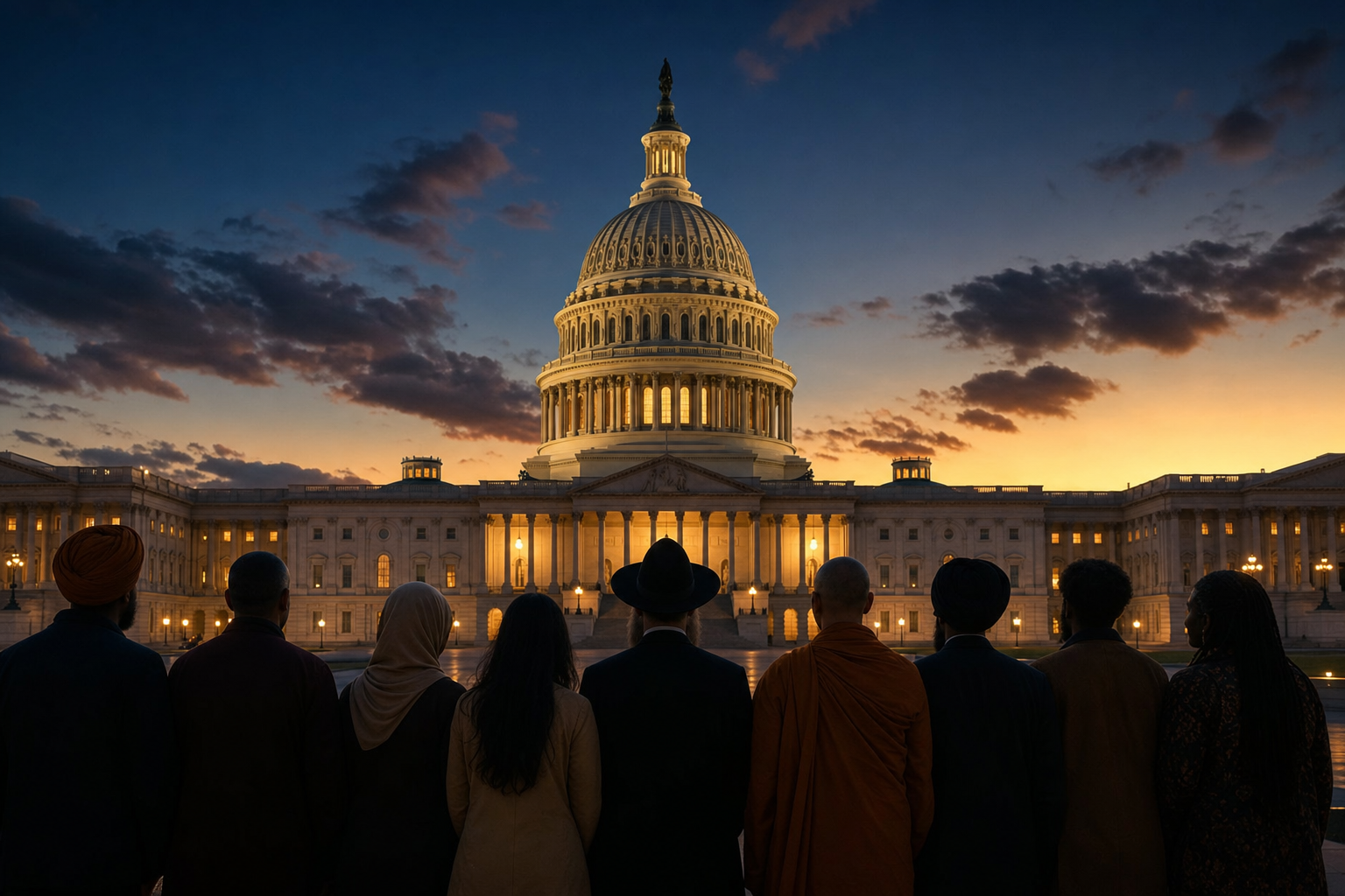 Diverse faith leaders standing before the United States Capitol at dusk